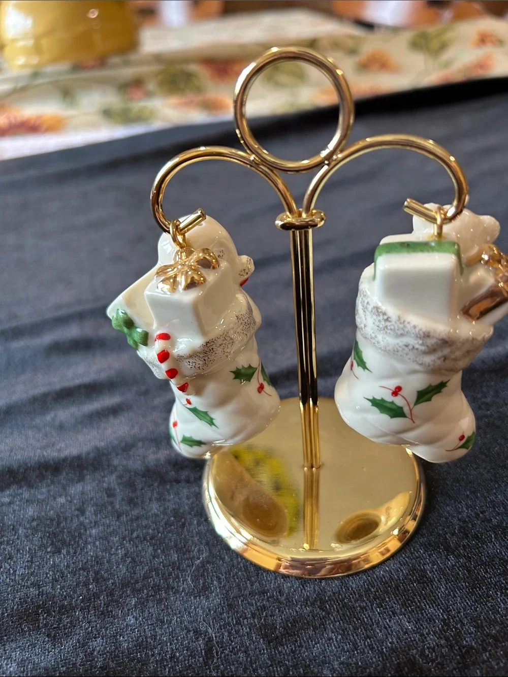 Lenox White Bear Stocking Salt & Pepper shakers with Green Holly